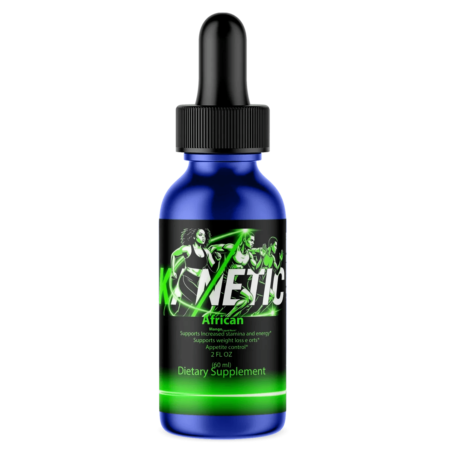 Blue dropper bottle labeled Kanetic dietary supplement with athletic graphics, 60ml