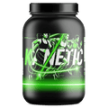 Black protein powder container with green accents, featuring athletic runners on the label.