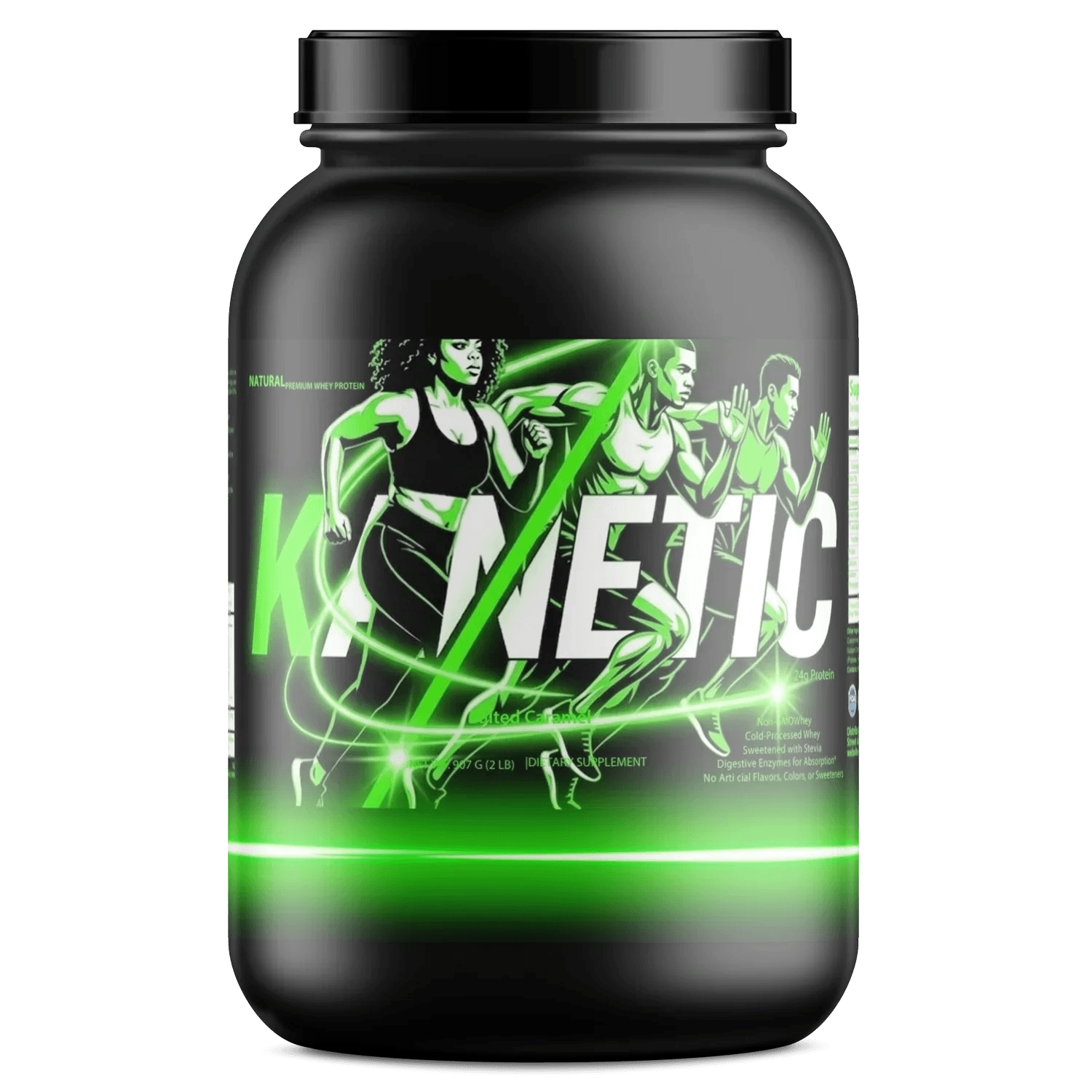 Black protein powder container with green accents, featuring athletic runners on the label.