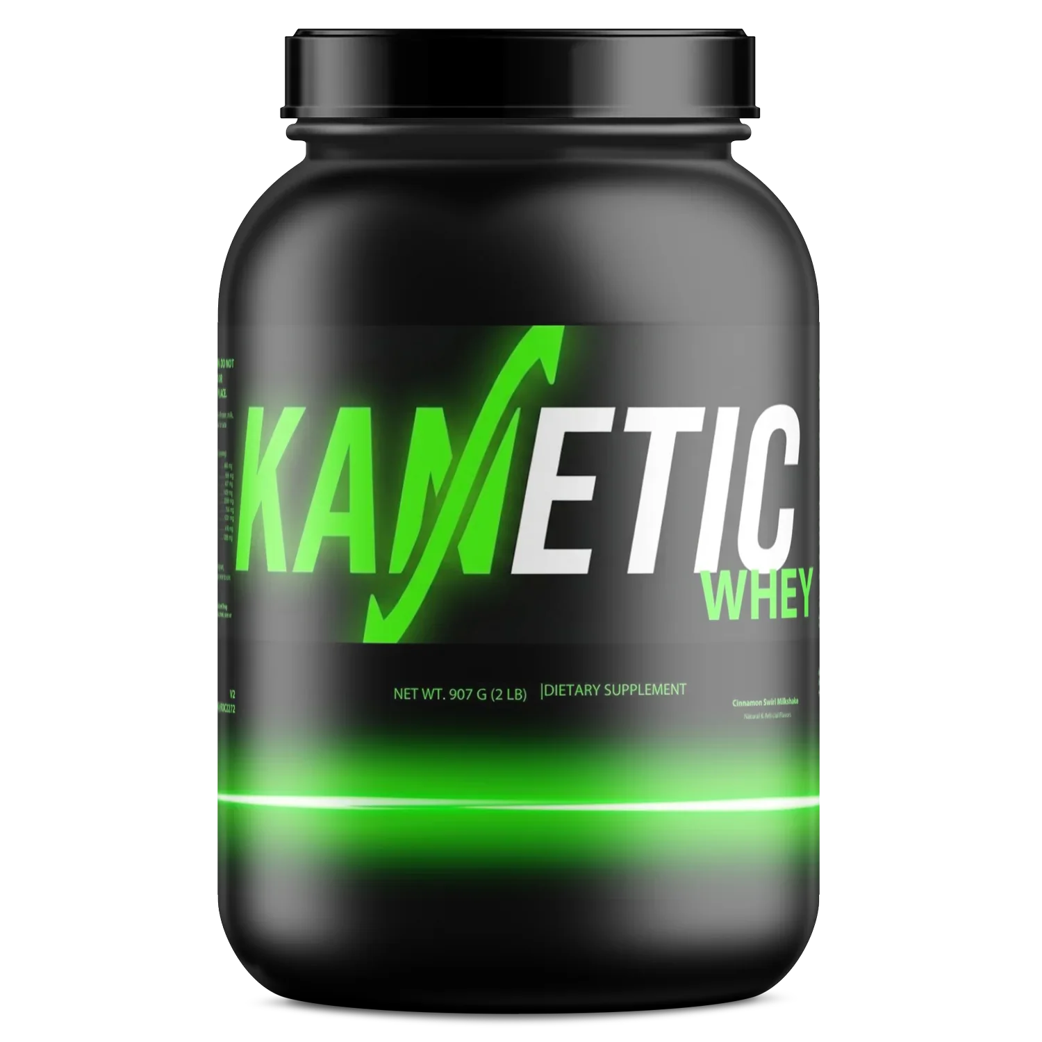 Black container of whey protein powder supplement with green and white label design