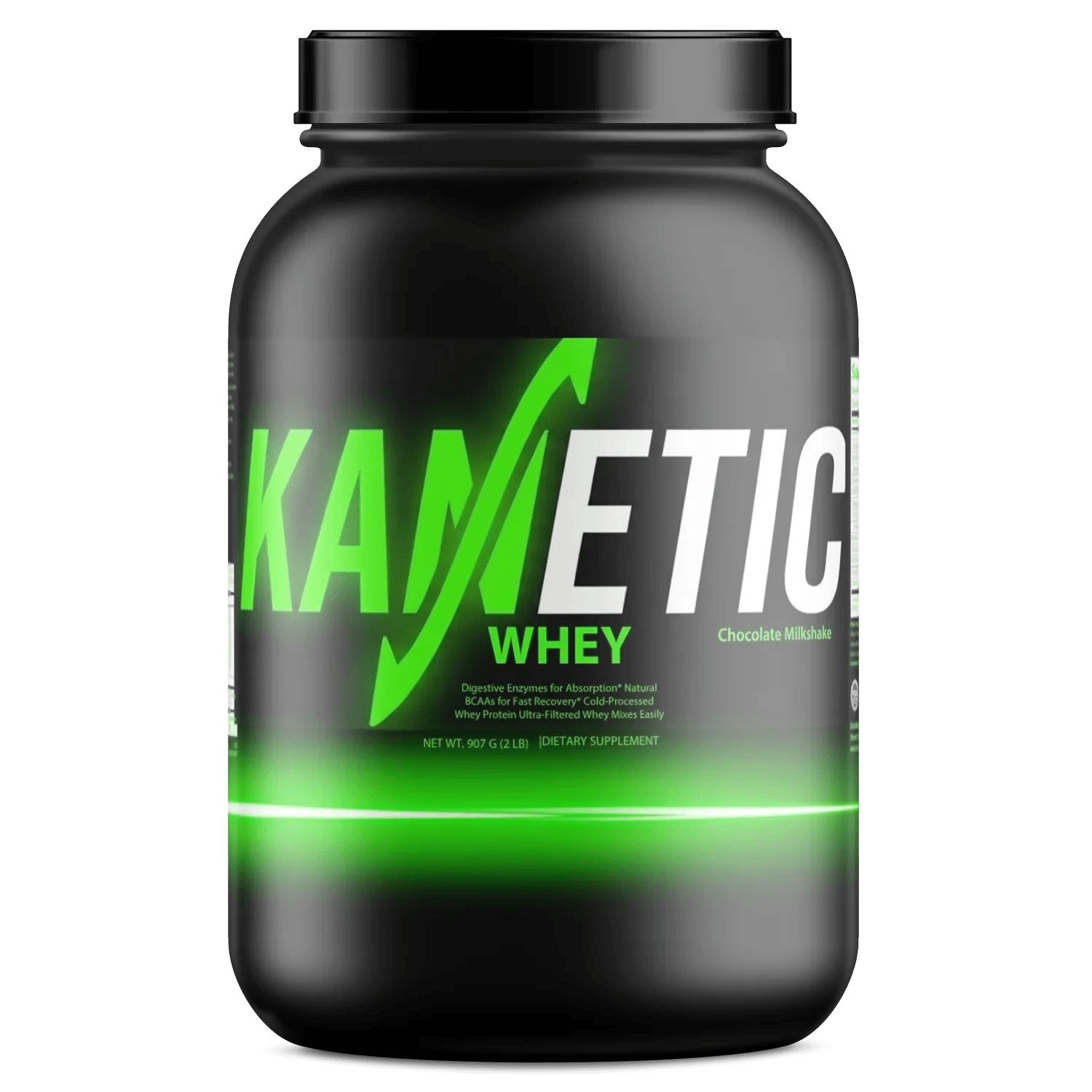 Chocolate milkshake whey protein powder container with green and black label
