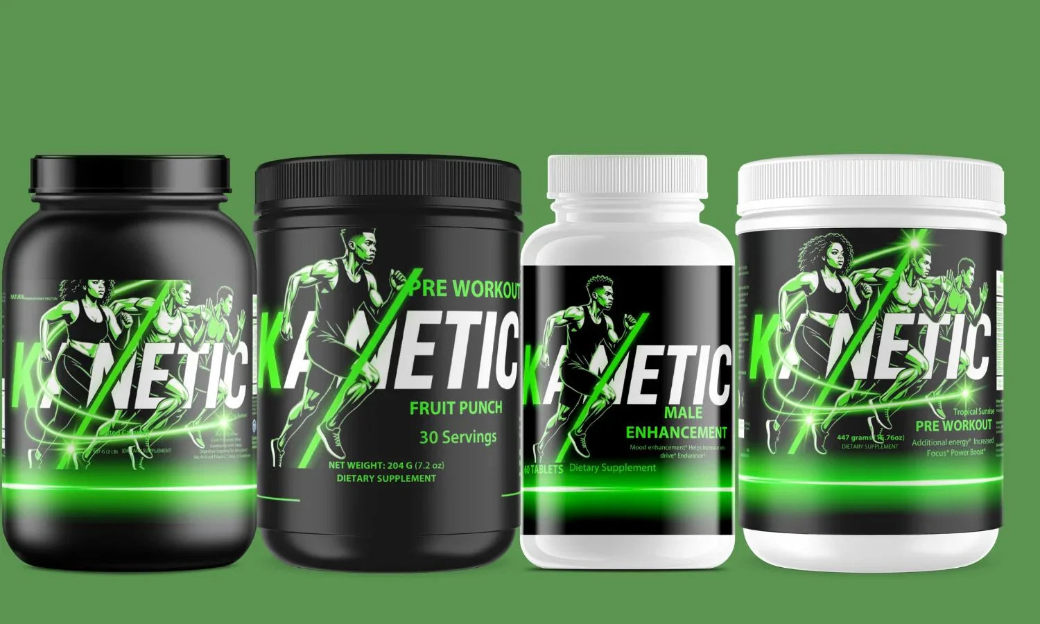 Four Kanetic supplement bottles and containers with athletic design on green background