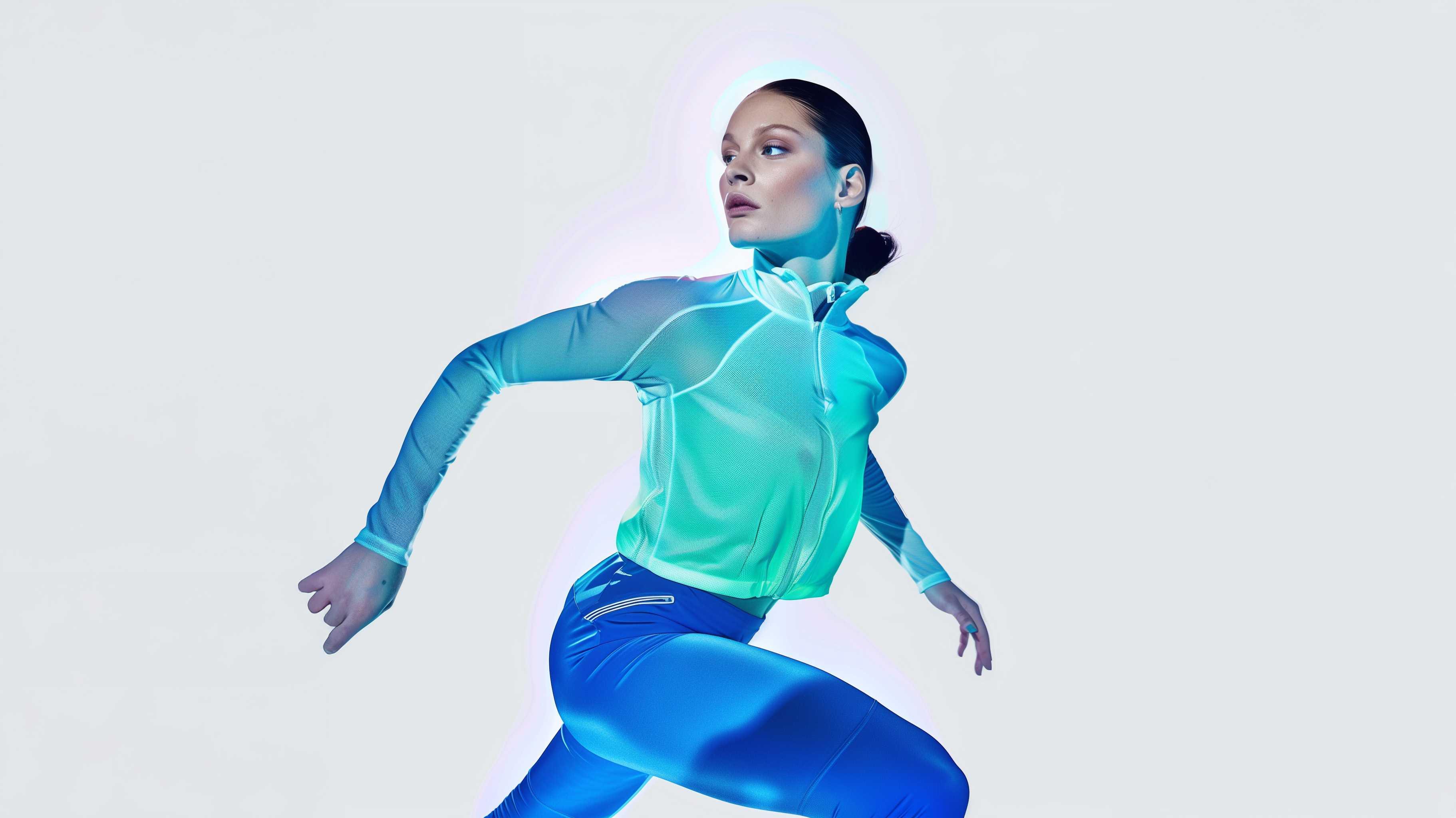 Athletic woman in futuristic activewear running, blue sports leggings, light background