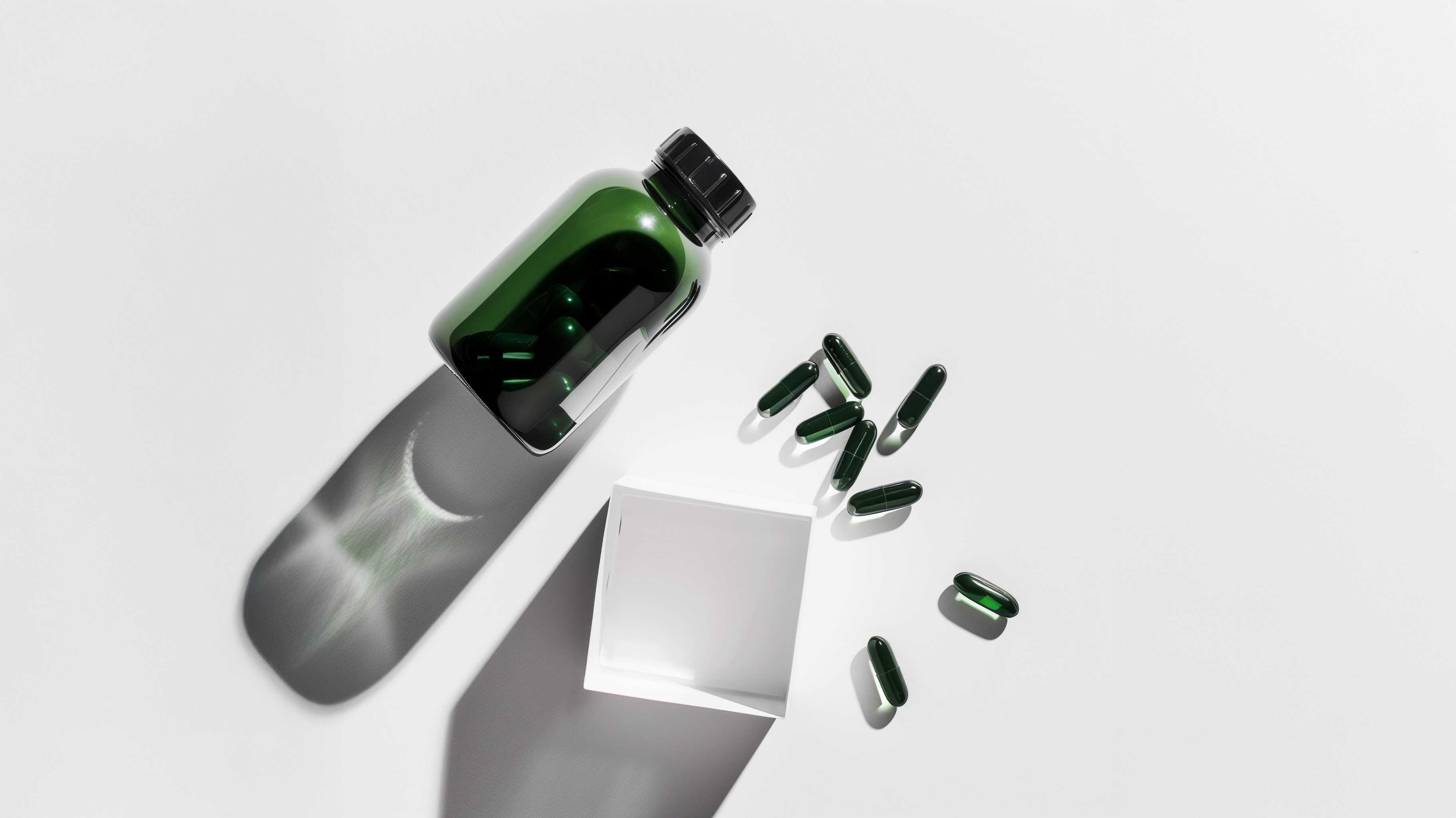 Green supplement capsules and bottle on white background, minimal wellness concept